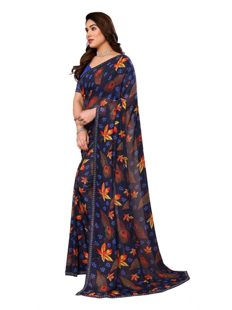 Women's Georgette Printed Saree With Unstitched Blouse 5.5Mtr (Blue)