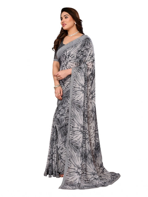 Women's Georgette Printed Saree With Unstitched Blouse 5.5Mtr (Grey)