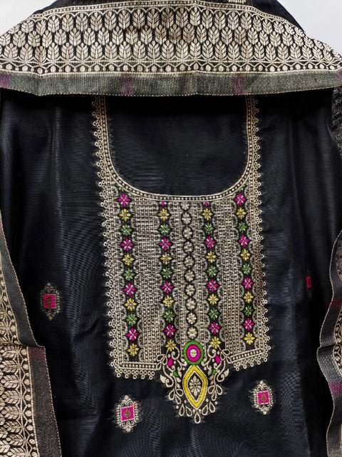 Generic Women's Banarasi Silk Printed Unstitched Salwar Suit Material With Dupatta (Black, 3Mtrs)