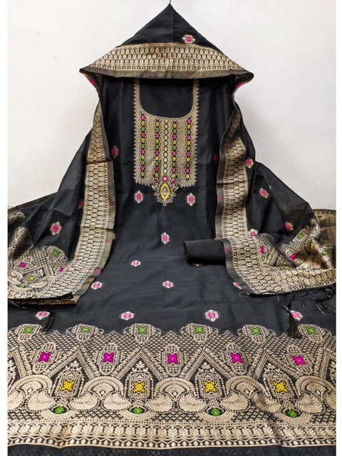 Generic Women's Banarasi Silk Printed Unstitched Salwar Suit Material With Dupatta (Black, 3Mtrs)