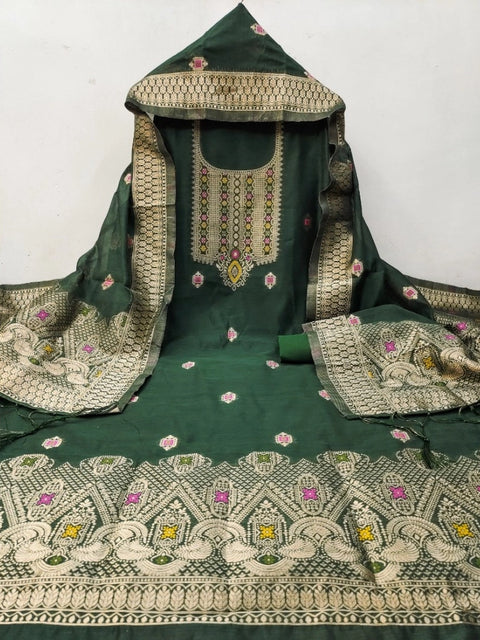 Generic Women's Banarasi Silk Printed Unstitched Salwar Suit Material With Dupatta (Bottle Green, 3Mtrs)