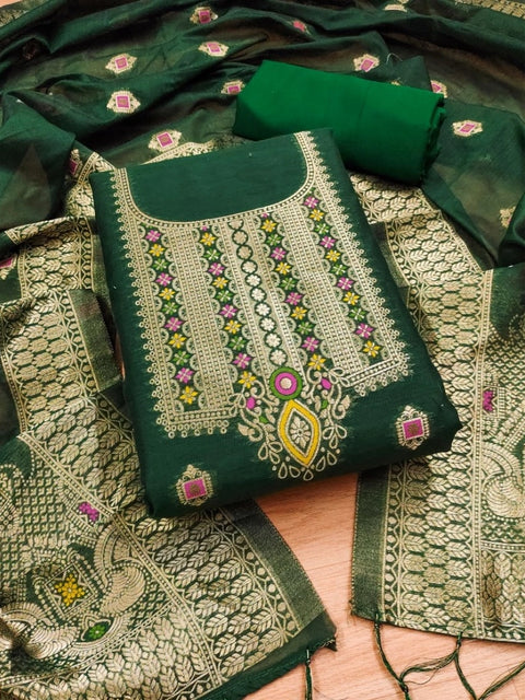 Generic Women's Banarasi Silk Printed Unstitched Salwar Suit Material With Dupatta (Bottle Green, 3Mtrs)