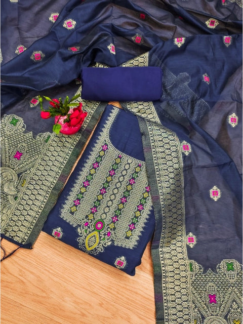 Generic Women's Banarasi Silk Printed Unstitched Salwar Suit Material With Dupatta (Navy Blue, 3Mtrs)