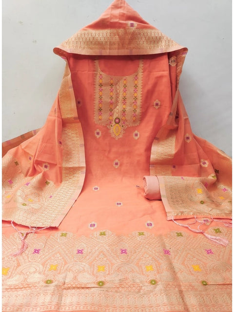 Generic Women's Banarasi Silk Printed Unstitched Salwar Suit Material With Dupatta (Peach, 3Mtrs)