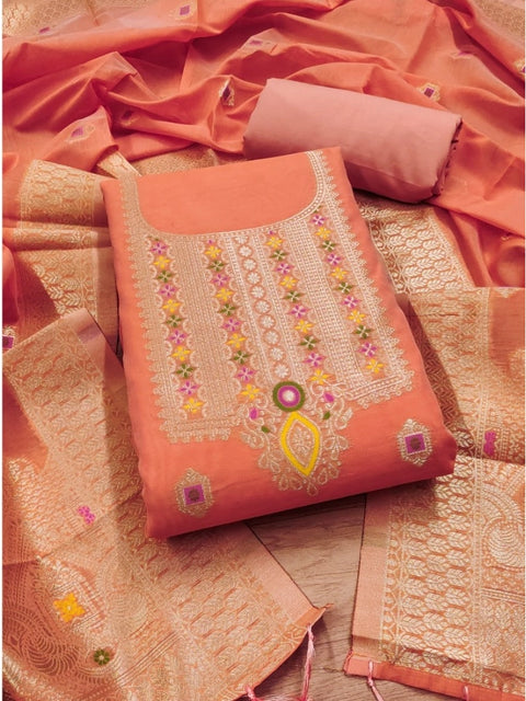 Generic Women's Banarasi Silk Printed Unstitched Salwar Suit Material With Dupatta (Peach, 3Mtrs)
