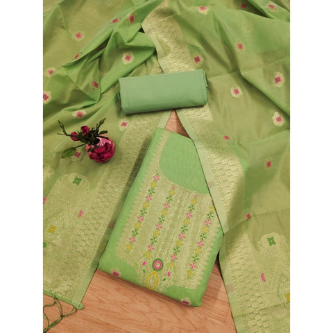 Generic Women's Banarasi Silk Printed Unstitched Salwar Suit Material With Dupatta (Pista, 3Mtrs)