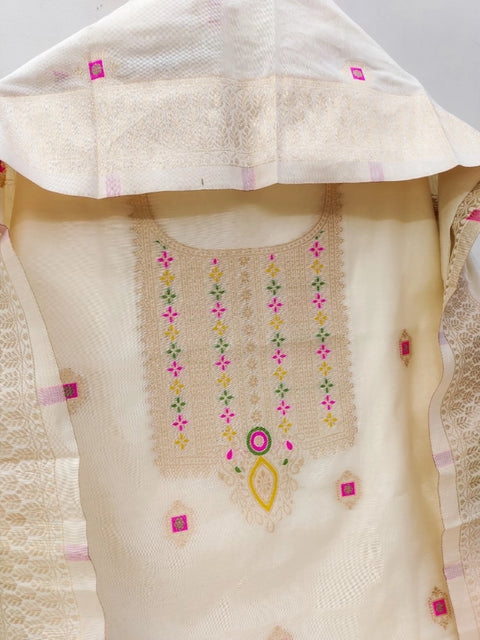 Generic Women's Banarasi Silk Printed Unstitched Salwar Suit Material With Dupatta (White, 3Mtrs)