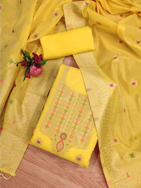 Generic Women's Banarasi Silk Printed Unstitched Salwar Suit Material With Dupatta (Yellow, 3Mtrs)
