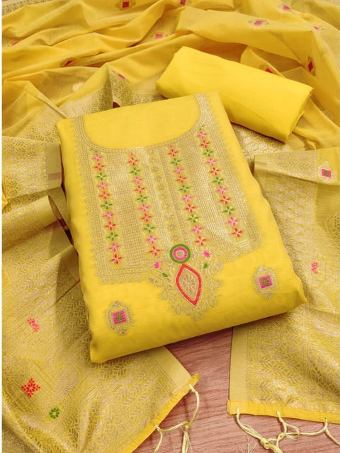 Generic Women's Banarasi Silk Printed Unstitched Salwar Suit Material With Dupatta (Yellow, 3Mtrs)