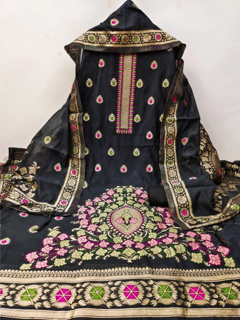 Generic Women's Banarasi Silk Printed Unstitched Salwar Suit Material With Dupatta (Black, 3Mtrs)