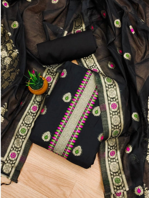 Generic Women's Banarasi Silk Printed Unstitched Salwar Suit Material With Dupatta (Black, 3Mtrs)