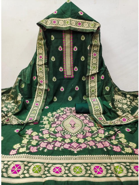 Generic Women's Banarasi Silk Printed Unstitched Salwar Suit Material With Dupatta (Bottle Green, 3Mtrs)