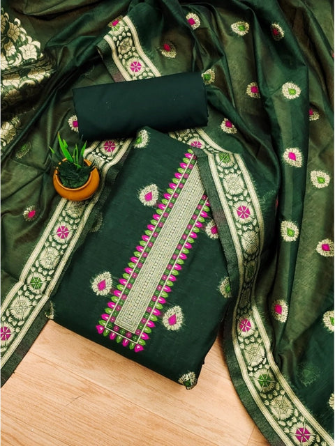Generic Women's Banarasi Silk Printed Unstitched Salwar Suit Material With Dupatta (Bottle Green, 3Mtrs)