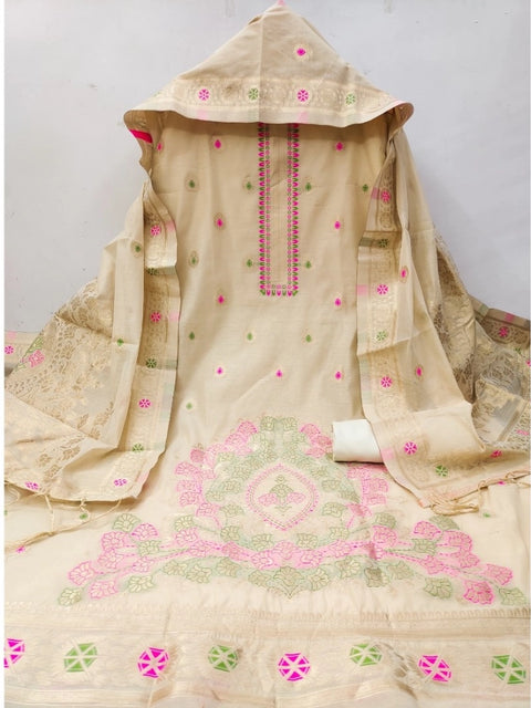 Generic Women's Banarasi Silk Printed Unstitched Salwar Suit Material With Dupatta (Cream, 3Mtrs)