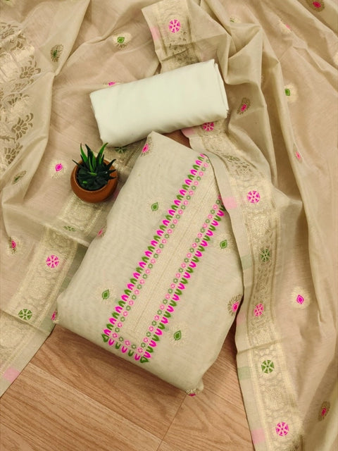 Generic Women's Banarasi Silk Printed Unstitched Salwar Suit Material With Dupatta (Cream, 3Mtrs)