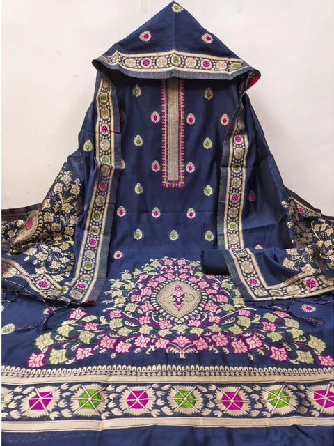 Generic Women's Banarasi Silk Printed Unstitched Salwar Suit Material With Dupatta (Navy Blue, 3Mtrs)