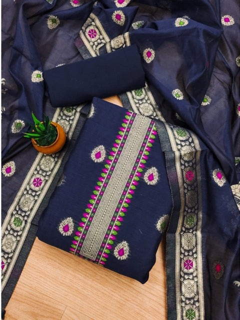 Generic Women's Banarasi Silk Printed Unstitched Salwar Suit Material With Dupatta (Navy Blue, 3Mtrs)