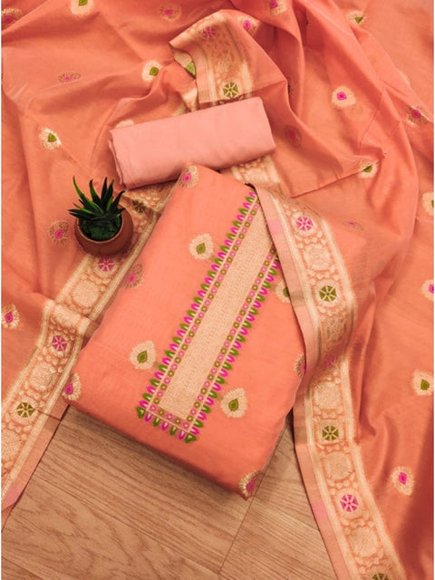 Generic Women's Banarasi Silk Printed Unstitched Salwar Suit Material With Dupatta (Peach, 3Mtrs)