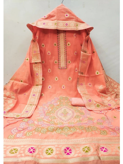Generic Women's Banarasi Silk Printed Unstitched Salwar Suit Material With Dupatta (Peach, 3Mtrs)