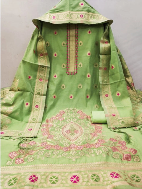 Generic Women's Banarasi Silk Printed Unstitched Salwar Suit Material With Dupatta (Pista, 3Mtrs)