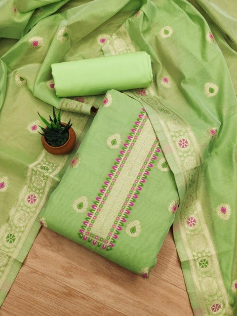 Generic Women's Banarasi Silk Printed Unstitched Salwar Suit Material With Dupatta (Pista, 3Mtrs)