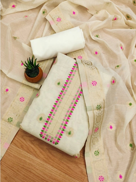 Generic Women's Banarasi Silk Printed Unstitched Salwar Suit Material With Dupatta (White, 3Mtrs)