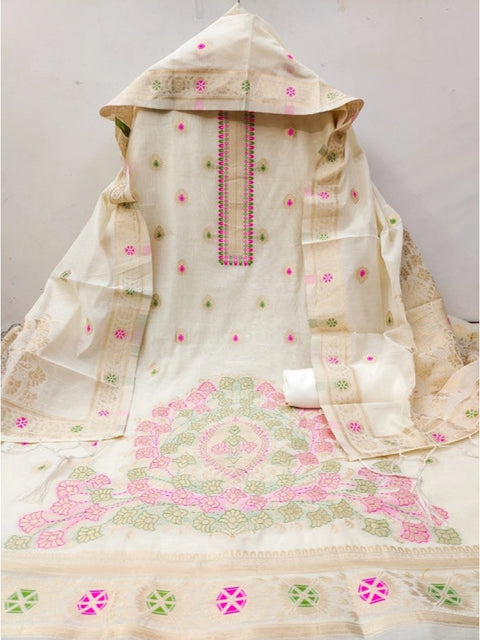 Generic Women's Banarasi Silk Printed Unstitched Salwar Suit Material With Dupatta (White, 3Mtrs)