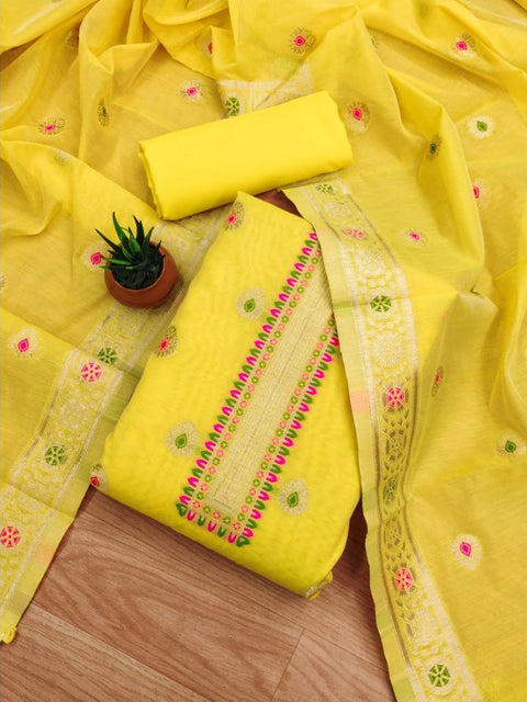 Generic Women's Banarasi Silk Printed Unstitched Salwar Suit Material With Dupatta (Yellow, 3Mtrs)