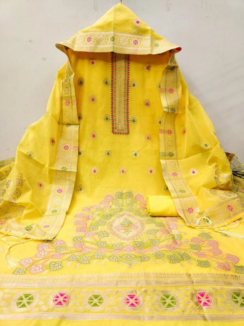 Generic Women's Banarasi Silk Printed Unstitched Salwar Suit Material With Dupatta (Yellow, 3Mtrs)