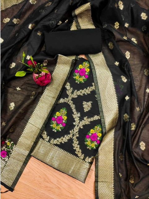 Generic Women's Banarasi Silk Printed Unstitched Salwar Suit Material With Dupatta (Black, 3Mtrs)