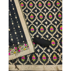 Women's Banarasi Silk Printed Unstitched Salwar Suit Material With Dupatta (Black, 3Mtrs)