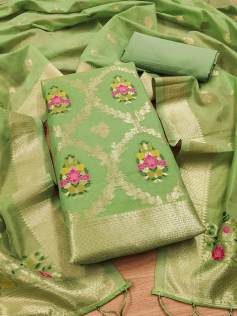 Generic Women's Banarasi Silk Printed Unstitched Salwar Suit Material With Dupatta (Pista, 3Mtrs)