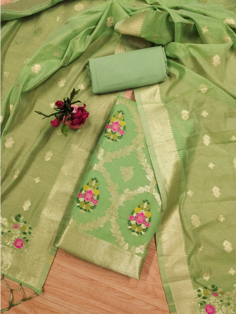 Generic Women's Banarasi Silk Printed Unstitched Salwar Suit Material With Dupatta (Pista, 3Mtrs)