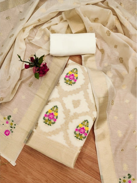 Generic Women's Banarasi Silk Printed Unstitched Salwar Suit Material With Dupatta (White, 3Mtrs)