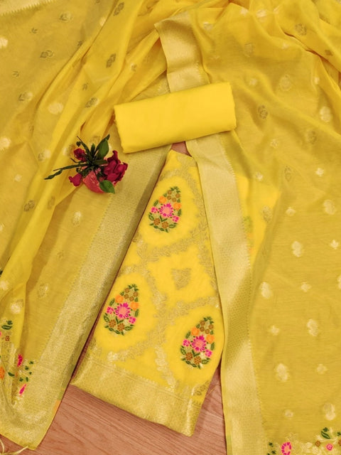 Generic Women's Banarasi Silk Printed Unstitched Salwar Suit Material With Dupatta (Yellow, 3Mtrs)