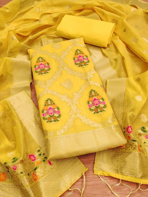 Generic Women's Banarasi Silk Printed Unstitched Salwar Suit Material With Dupatta (Yellow, 3Mtrs)