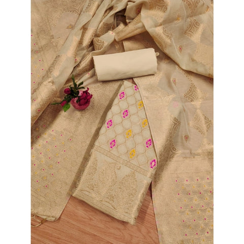 Generic Women's Banarasi Silk Printed Unstitched Salwar Suit Material With Dupatta (Cream, 3Mtrs)