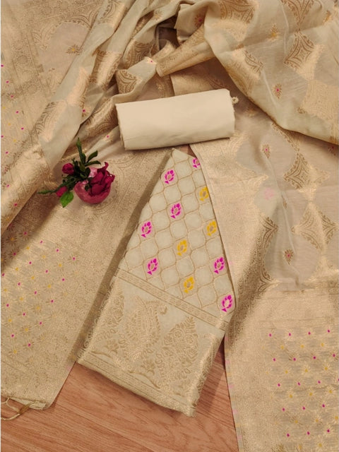 Generic Women's Banarasi Silk Printed Unstitched Salwar Suit Material With Dupatta (Cream, 3Mtrs)