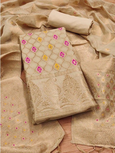 Generic Women's Banarasi Silk Printed Unstitched Salwar Suit Material With Dupatta (Cream, 3Mtrs)