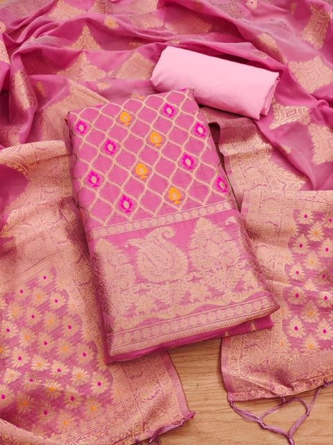 Generic Women's Banarasi Silk Printed Unstitched Salwar Suit Material With Dupatta (Pink, 3Mtrs)