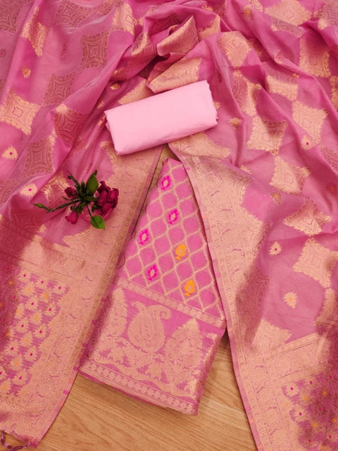 Generic Women's Banarasi Silk Printed Unstitched Salwar Suit Material With Dupatta (Pink, 3Mtrs)