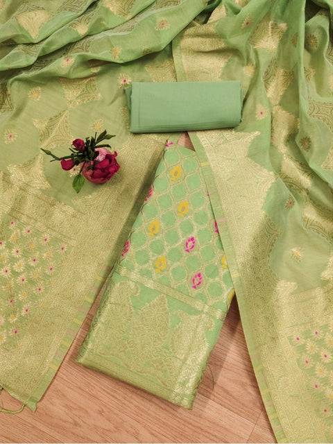 Generic Women's Banarasi Silk Printed Unstitched Salwar Suit Material With Dupatta (Pista, 3Mtrs)