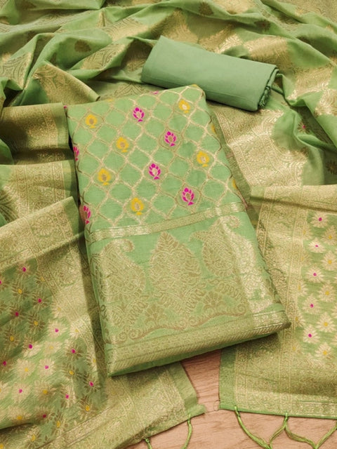 Generic Women's Banarasi Silk Printed Unstitched Salwar Suit Material With Dupatta (Pista, 3Mtrs)