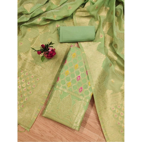 Women's Banarasi Silk Printed Unstitched Salwar Suit Material With Dupatta (Pista, 3Mtrs)