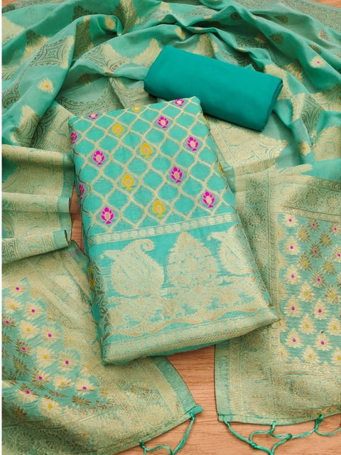 Generic Women's Banarasi Silk Printed Unstitched Salwar Suit Material With Dupatta (sea green, 3Mtrs)