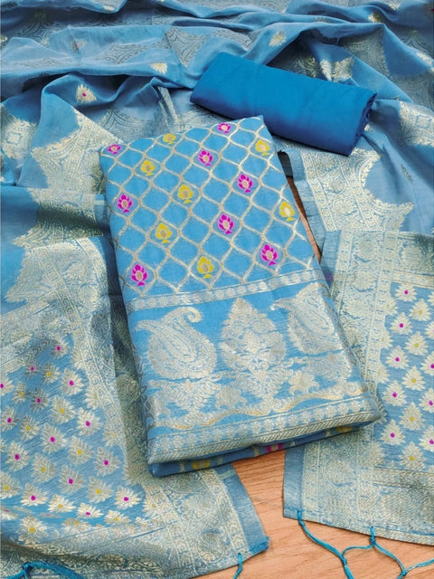 Generic Women's Banarasi Silk Printed Unstitched Salwar Suit Material With Dupatta (Sky Blue, 3Mtrs)