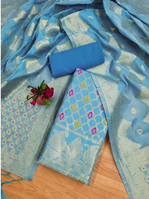 Generic Women's Banarasi Silk Printed Unstitched Salwar Suit Material With Dupatta (Sky Blue, 3Mtrs)