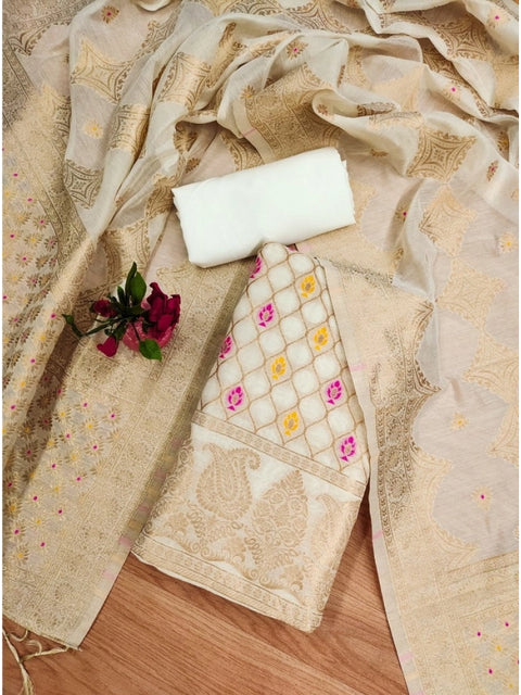 Generic Women's Banarasi Silk Printed Unstitched Salwar Suit Material With Dupatta (White, 3Mtrs)