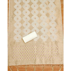 Women's Banarasi Silk Printed Unstitched Salwar Suit Material With Dupatta (White, 3Mtrs)