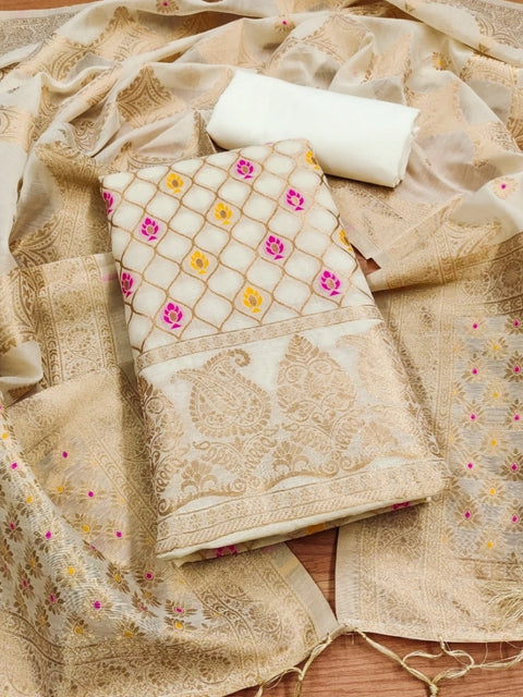 Generic Women's Banarasi Silk Printed Unstitched Salwar Suit Material With Dupatta (White, 3Mtrs)